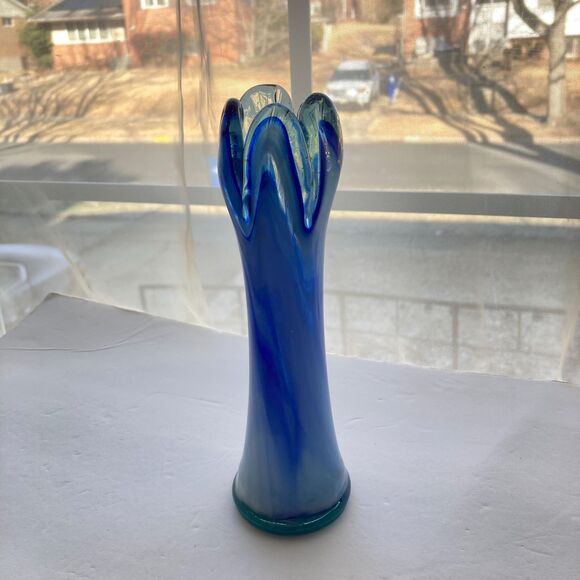 Vintage 5 Finger Blue White Swirl Swung Vase Art Glass Bud Vase Glass 8 inches - Picture 2 of 13